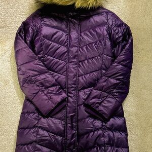 Lands’ End Girl Purple Quilted Coat with Faux Fur Trim Size Small Like New
